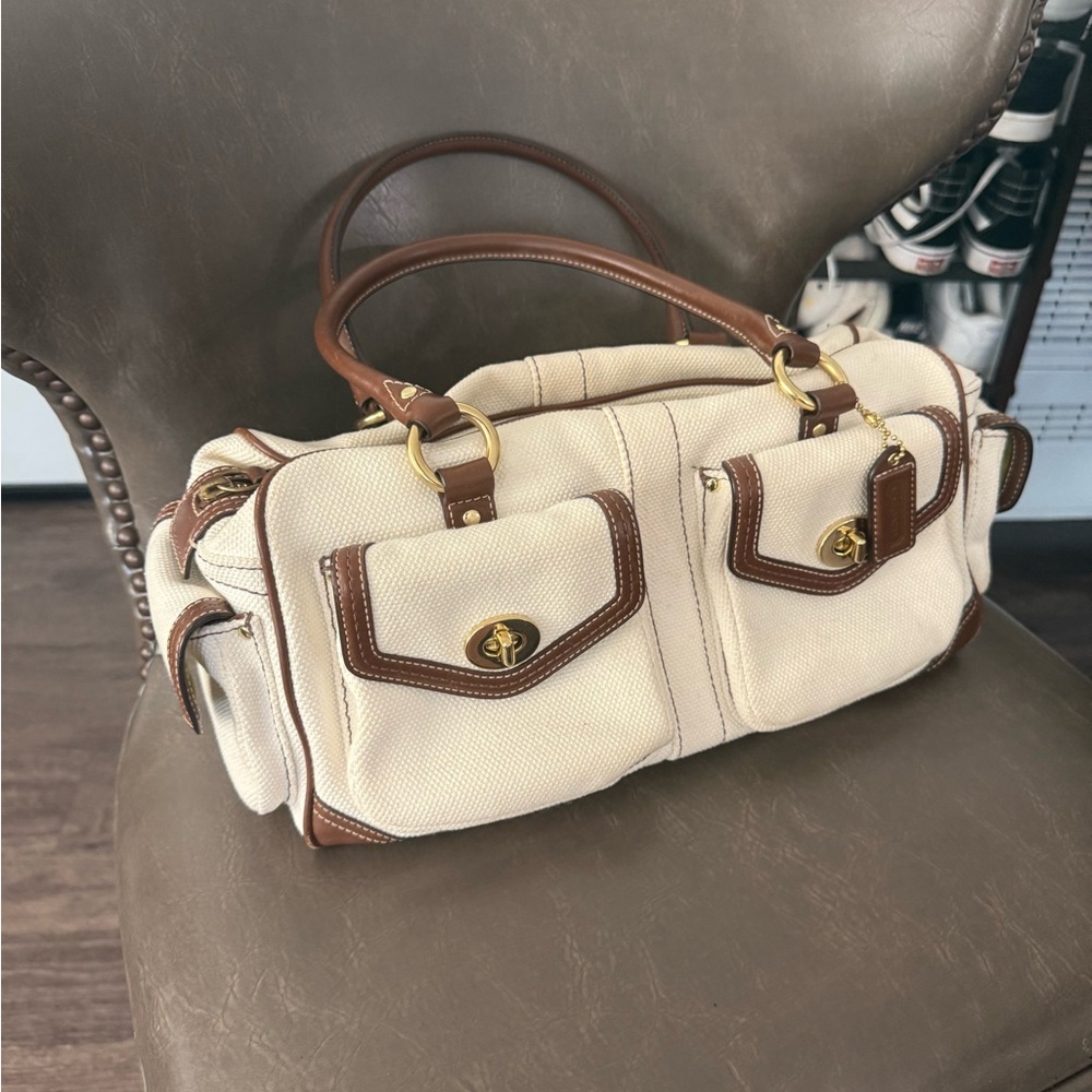 Cream and Brown Canvas Handbag